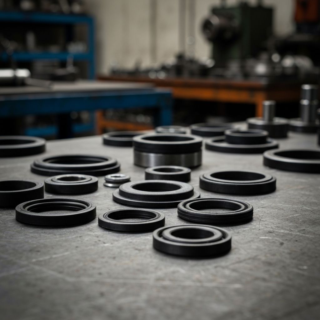 Close-up of hydraulic seal components including piston seals, rod seals and wiper seals on a dark steel surface