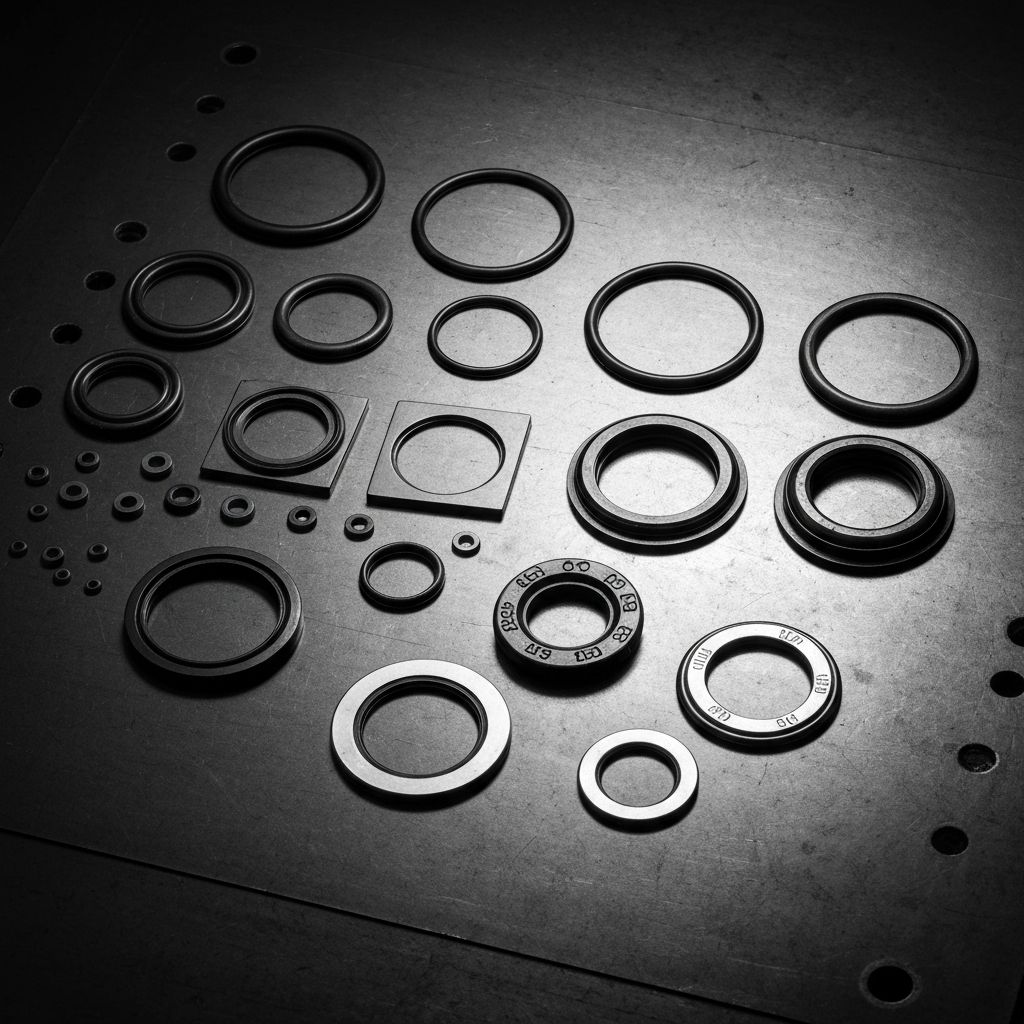 Pneumatic seal kit components including O-rings, lip seals and guide rings arranged on a dark surface
